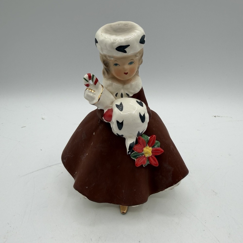Vintage Napcoware Christmas Shopper Girl Planter in Brown Dress Japan w/ Label